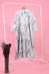 Sea Blue Bird Printed Cotton Dress