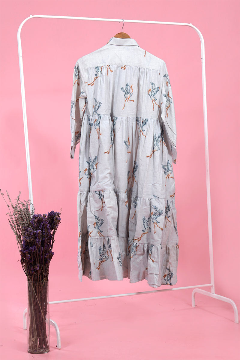 Sea Blue Bird Printed Cotton Dress