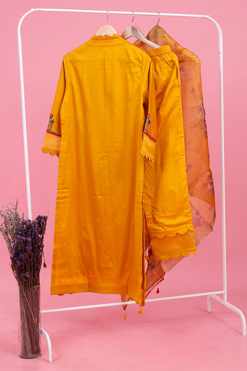 Bright Yellow Zardozi Embroidered Cotton Kurta Pant Set