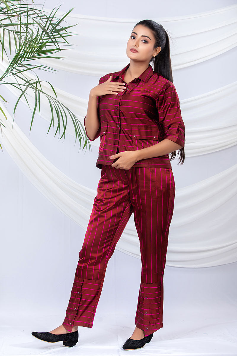 Clematis Maroon Striped Handwoven Satin Silk Co-Ord Set – Chinaya Banaras