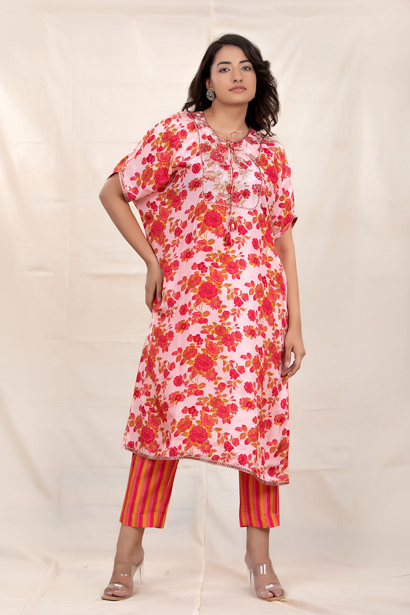 Brick Pink Floral Printed Embellished Silk Kurta Set - Chinaya Banaras