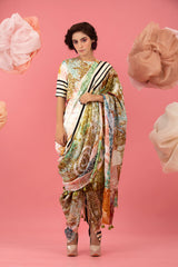Buff Beige Floral Printed Embellished Silk Co-ord Set - Chinaya Banaras