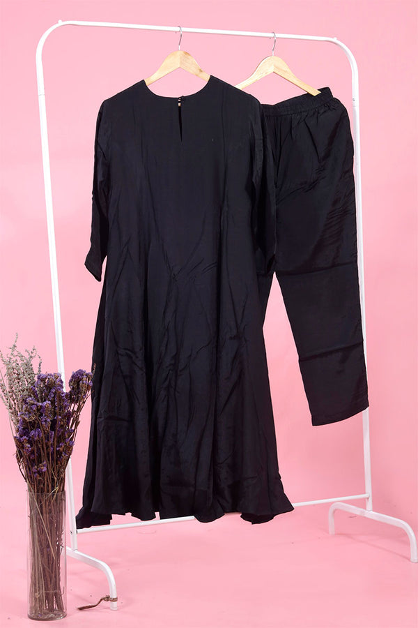 Black Embellished Silk Flaired Kurta Set