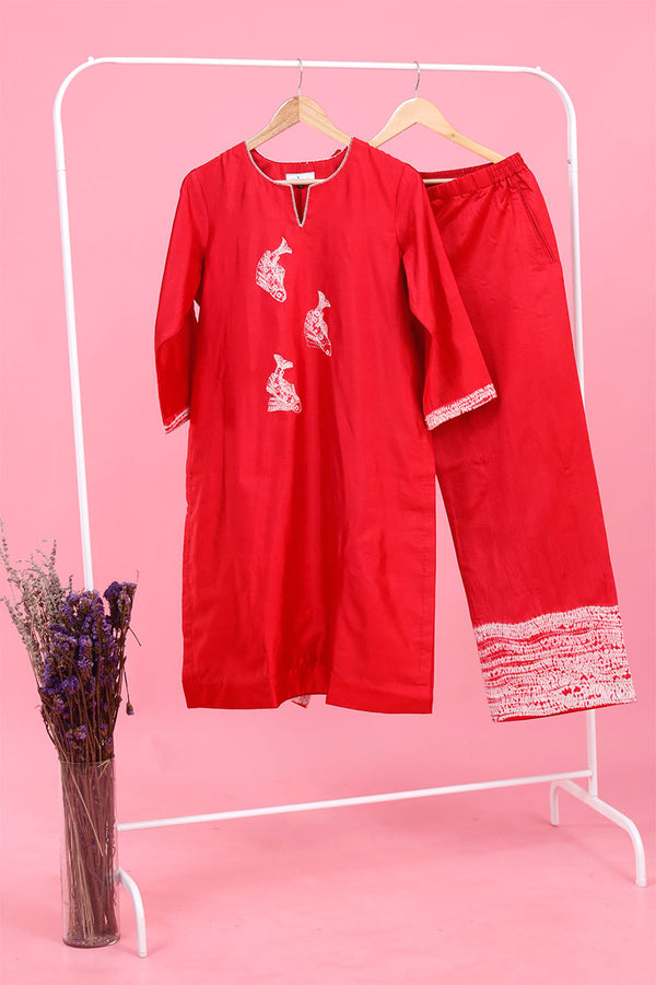 Buy Red Embroidered Chiniya Silk Kurta Set Online