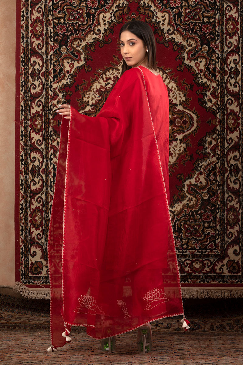 Red Marine Embroidered Chiniya Silk Suit Set