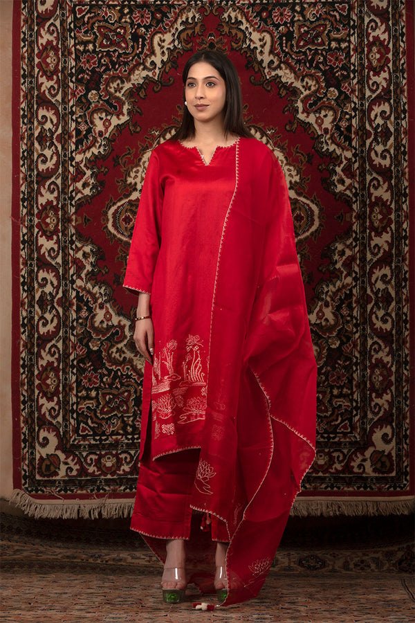 Red Marine Embroidered Chiniya Silk Suit Set