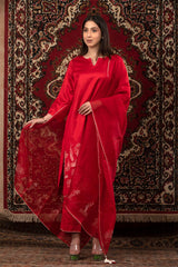 Red Marine Embroidered Chiniya Silk Suit Set