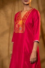 Deep Red Satin Silk Suit Set with Meenakari Floral Motifs