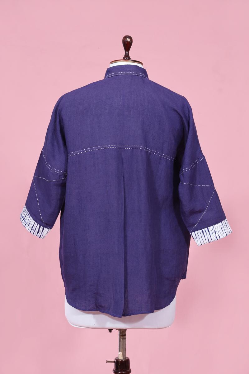 Blue Linen Shirt with Kantha Handwork