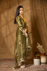 Olive Green Chiniya Silk Suit Set with Tie-Dye Marine Motifs