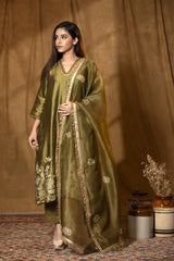 Olive Green Chiniya Silk Suit Set with Tie-Dye Marine Motifs