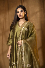 Olive Green Chiniya Silk Suit Set with Tie-Dye Marine Motifs