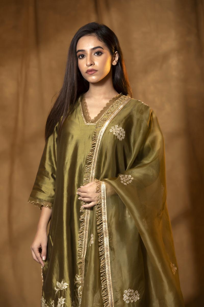 Olive Green Chiniya Silk Suit Set with Tie-Dye Marine Motifs