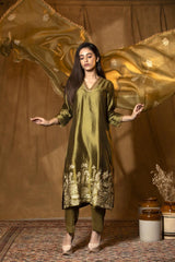 Olive Green Chiniya Silk Suit Set with Tie-Dye Marine Motifs