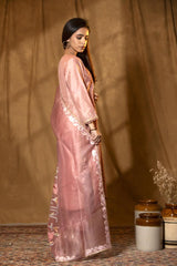 Peach Chiniya Silk Suit Set with Hand-Embellished Dupatta