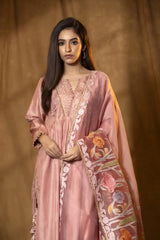 Peach Chiniya Silk Suit Set with Hand-Embellished Dupatta