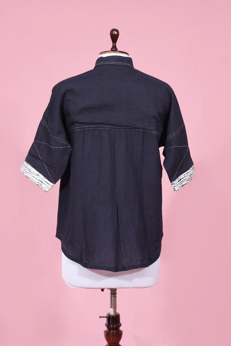 Black Linen Shirt with Kantha Handwork