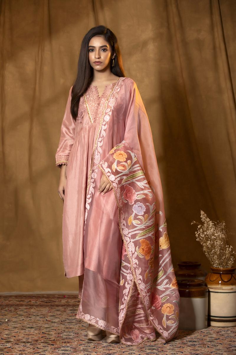 Peach Chiniya Silk Suit Set with Hand-Embellished Dupatta