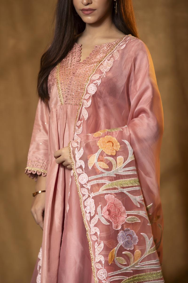 Peach Chiniya Silk Suit Set with Hand-Embellished Dupatta