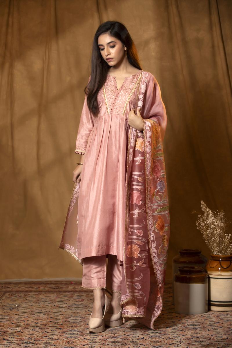 Peach Chiniya Silk Suit Set with Hand-Embellished Dupatta