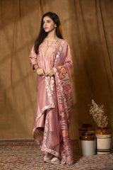 Peach Chiniya Silk Suit Set with Hand-Embellished Dupatta