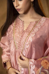 Peach Chiniya Silk Suit Set with Hand-Embellished Dupatta