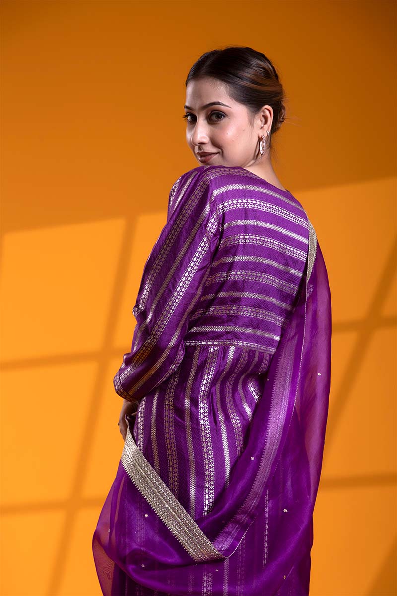 Deep Purple Banarasi Silk Suit Set with Tanchui Resham and Aari Work