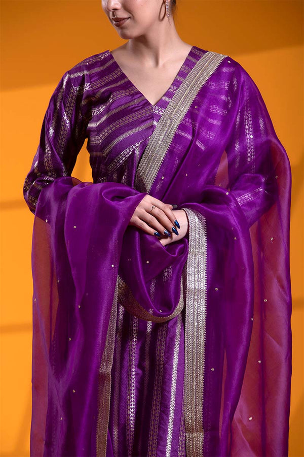 Deep Purple Banarasi Silk Suit Set with Tanchui Resham and Aari Work