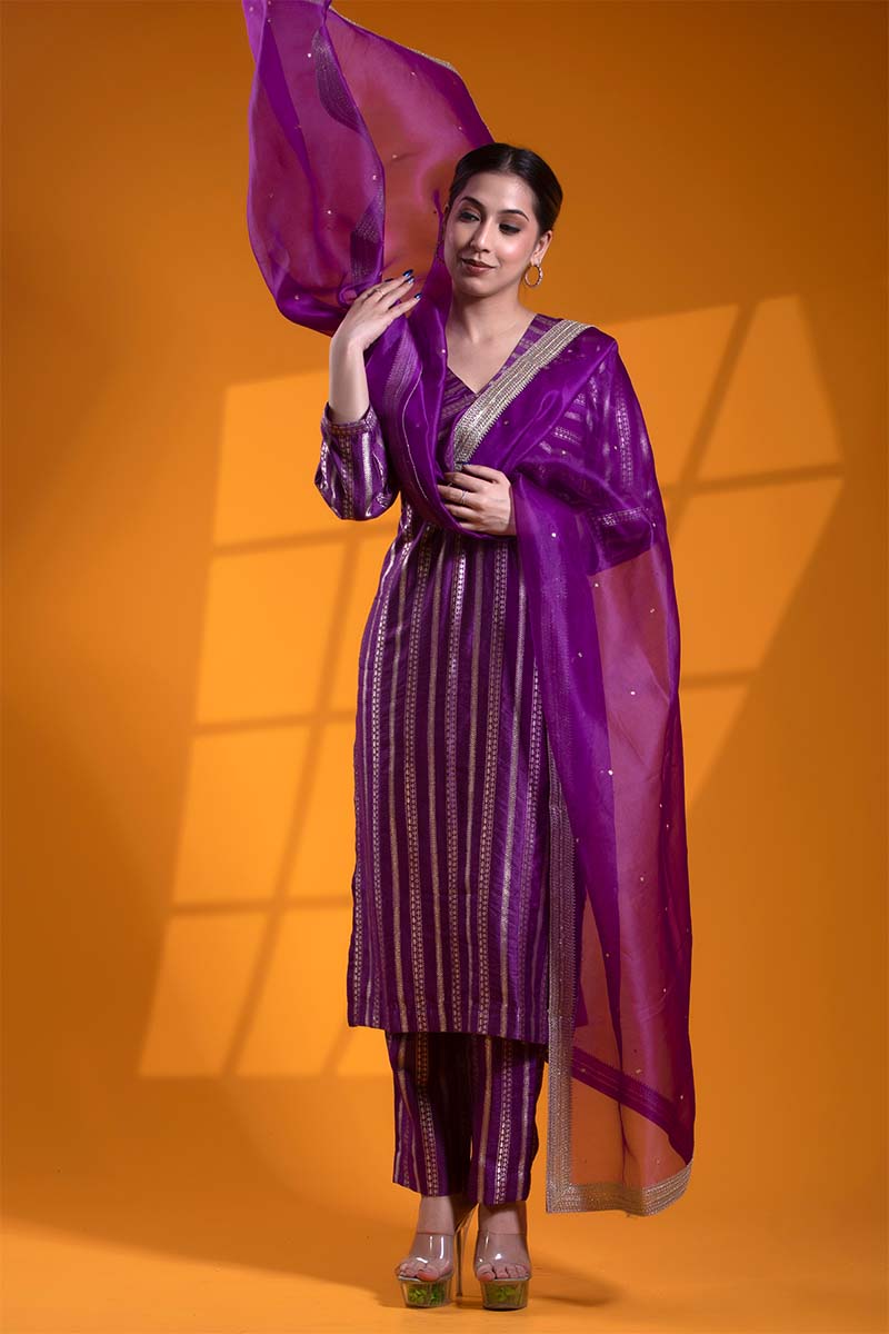 Deep Purple Banarasi Silk Suit Set with Tanchui Resham and Aari Work