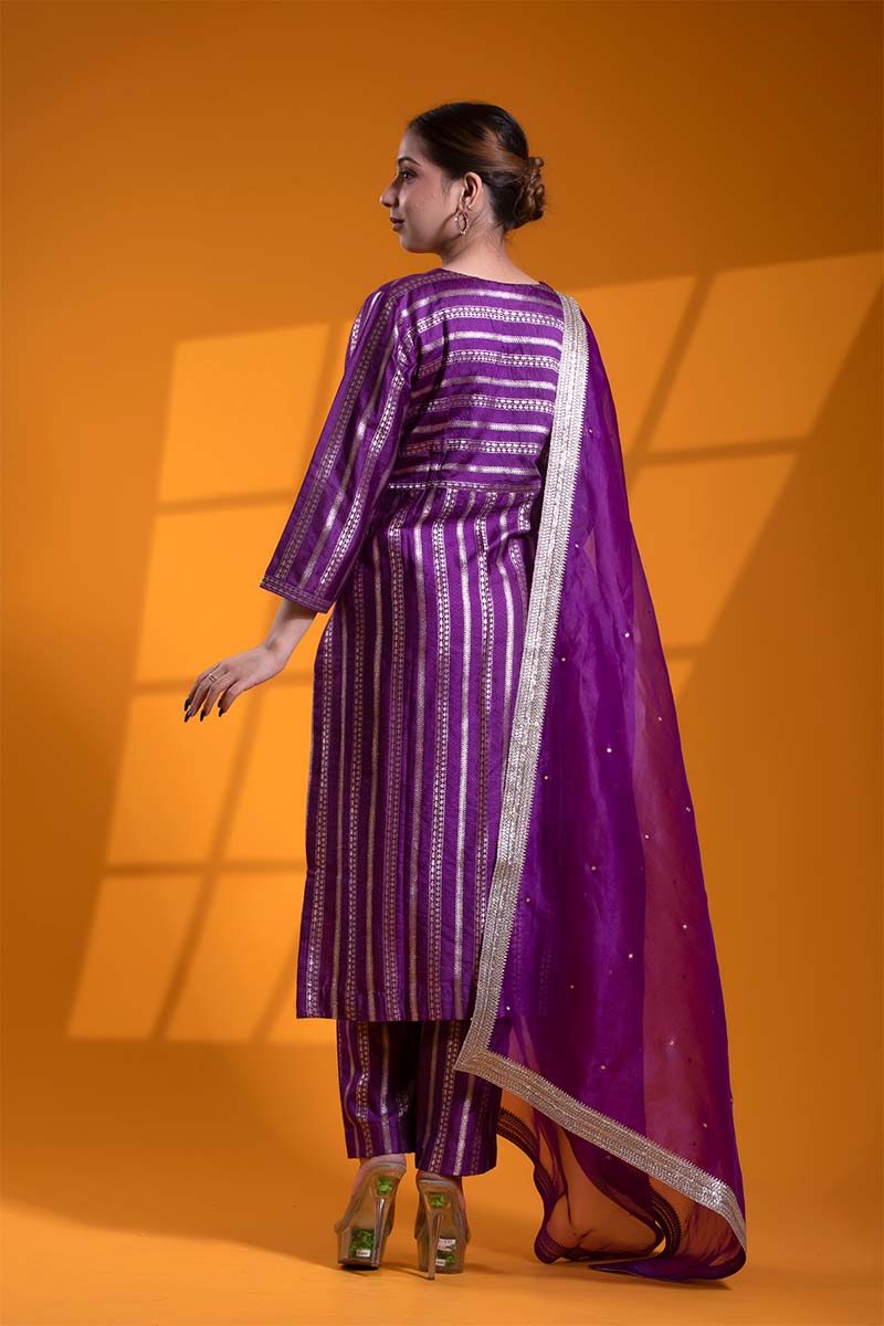 Deep Purple Banarasi Silk Suit Set with Tanchui Resham and Aari Work