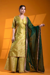 Apple Green Banarasi Silk Suit Set with Meenakari and Zardozi Work