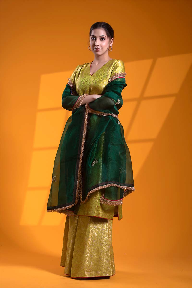 Apple Green Banarasi Silk Suit Set with Meenakari and Zardozi Work