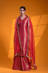 Red Banarasi Silk Suit Set with Meenakari Jaal and Zardozi Work Dupatta