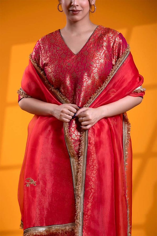 Red Banarasi Silk Suit Set with Meenakari Jaal and Zardozi Work Dupatta