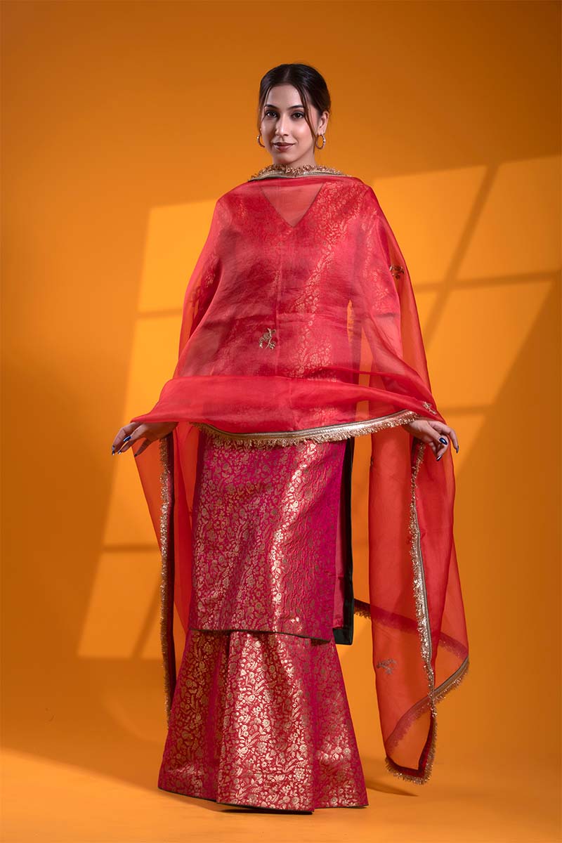 Red Banarasi Silk Suit Set with Meenakari Jaal and Zardozi Work Dupatta