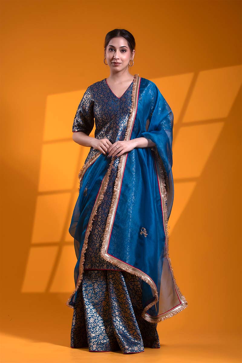 Premium Blue Banarasi Suit Set with Meenakari and Zardozi Work