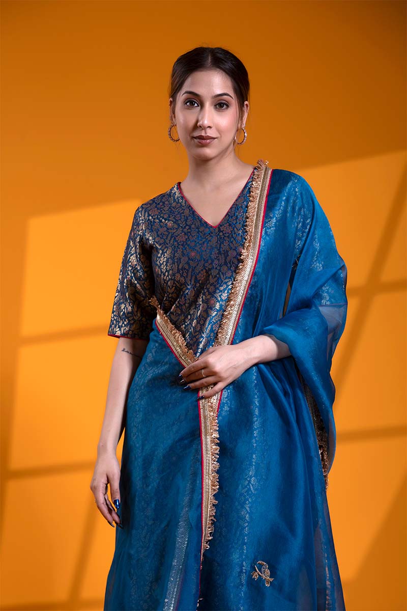 Premium Blue Banarasi Suit Set with Meenakari and Zardozi Work