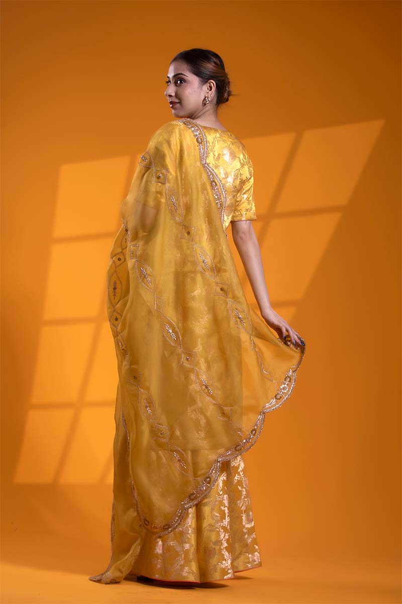 Yellow Banarasi Salwar Suit Set with Meenakari Bird Motifs