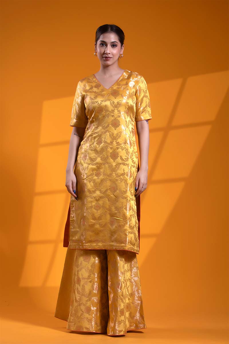 Yellow Banarasi Salwar Suit Set with Meenakari Bird Motifs