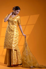 Yellow Banarasi Salwar Suit Set with Meenakari Bird Motifs