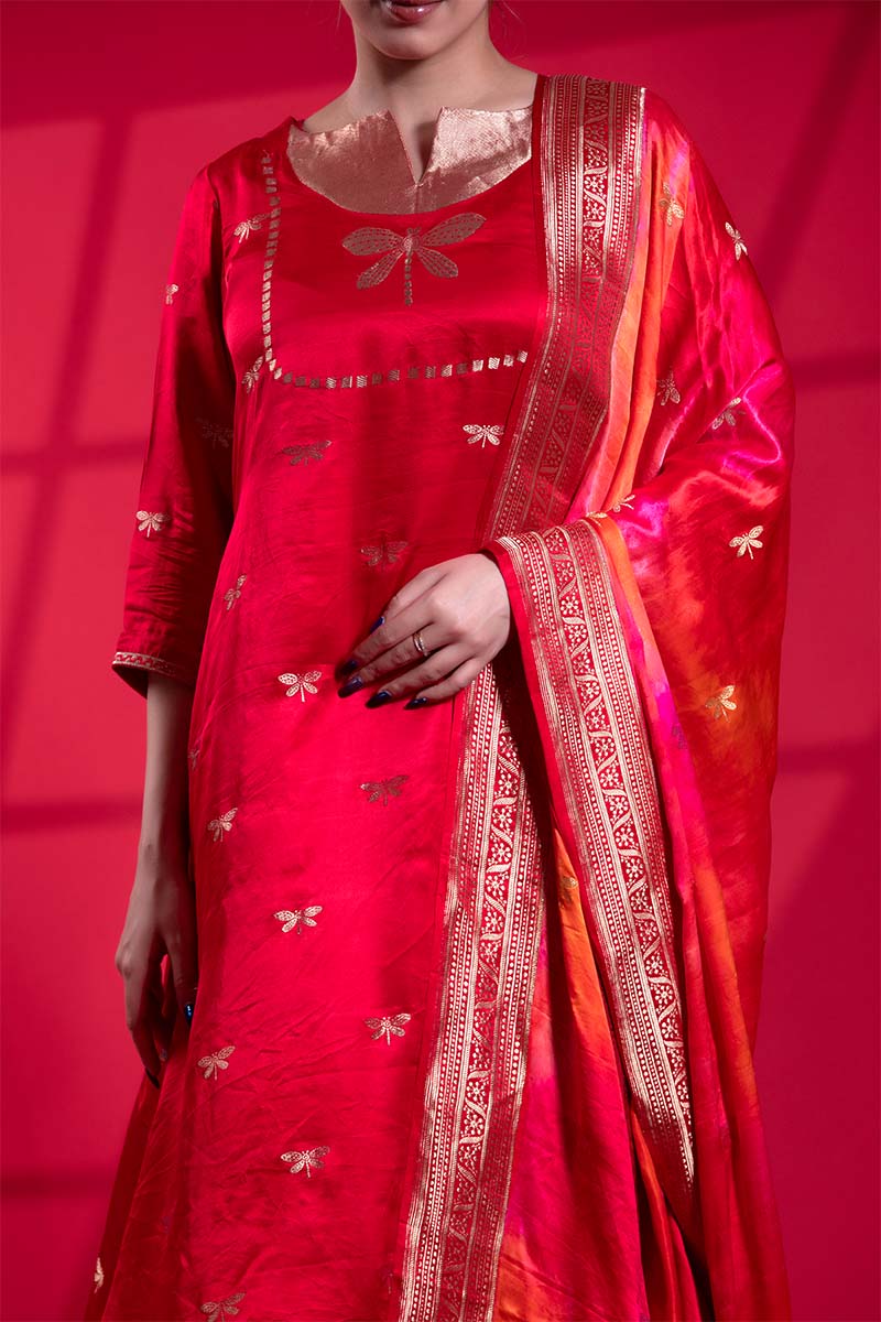 Deep Red Banarasi Gajji Silk Sharara Set with Kadhwa Butterfly Motifs