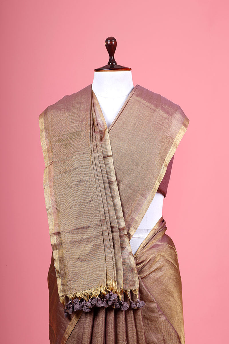 Lilac Brown Woven Tissue Silk Saree