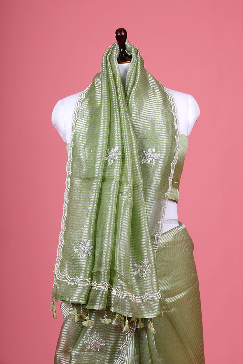 Parrot Green Embellished Tissue Silk Saree