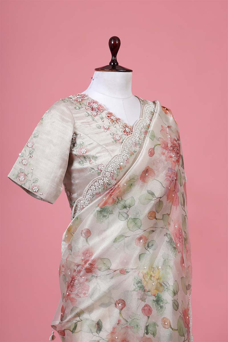 Silver Floral Embellished Tissue Silk Saree