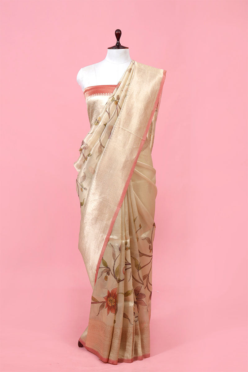 Buy Beige Handloom Tissue Silk Saree Online