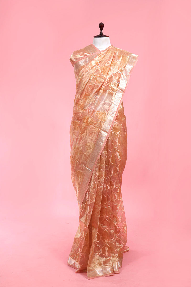 Buy Peach Handloom Tissue Silk Saree Online