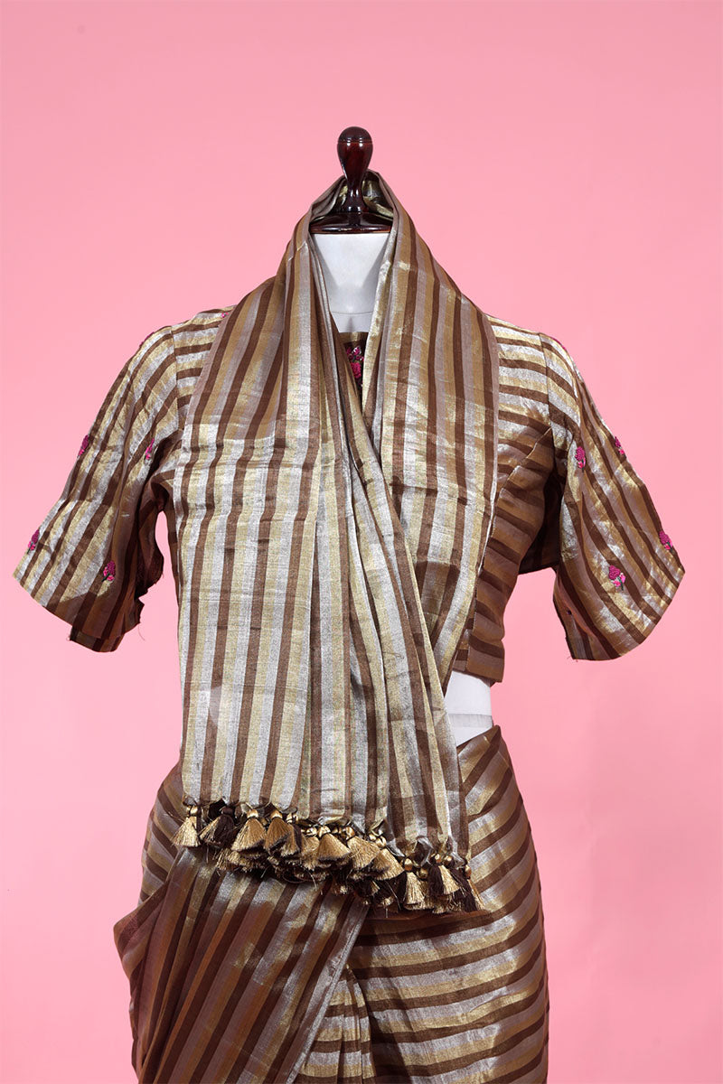 Brown Striped Tissue Sillk Saree With Stitched Blouse