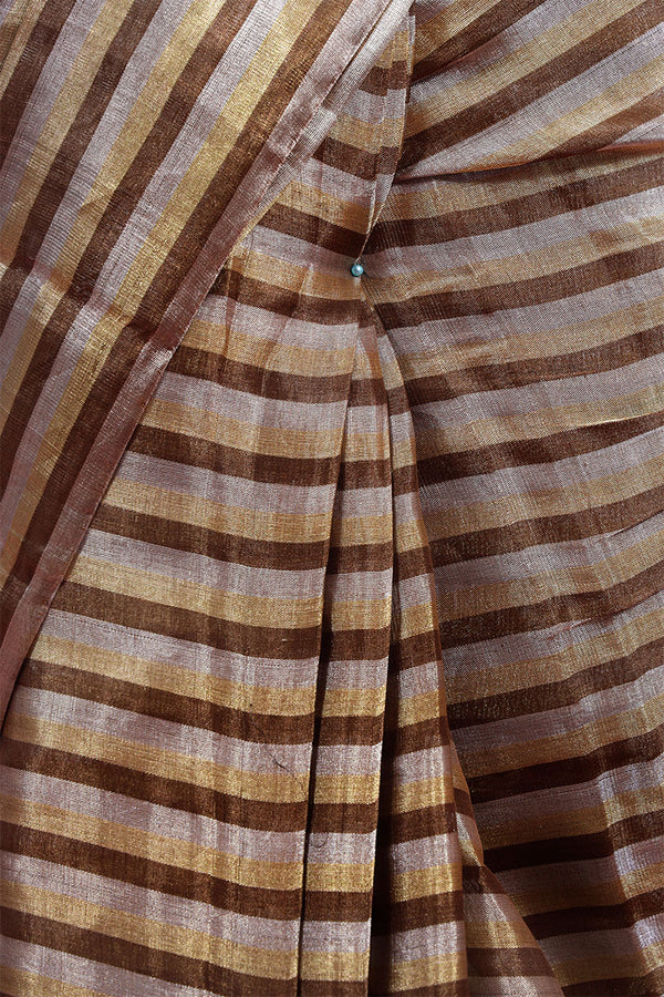 Brown Striped Tissue Sillk Saree With Stitched Blouse