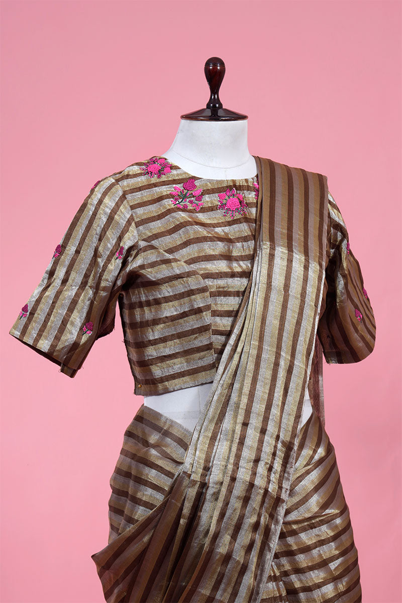 Brown Striped Tissue Sillk Saree With Stitched Blouse