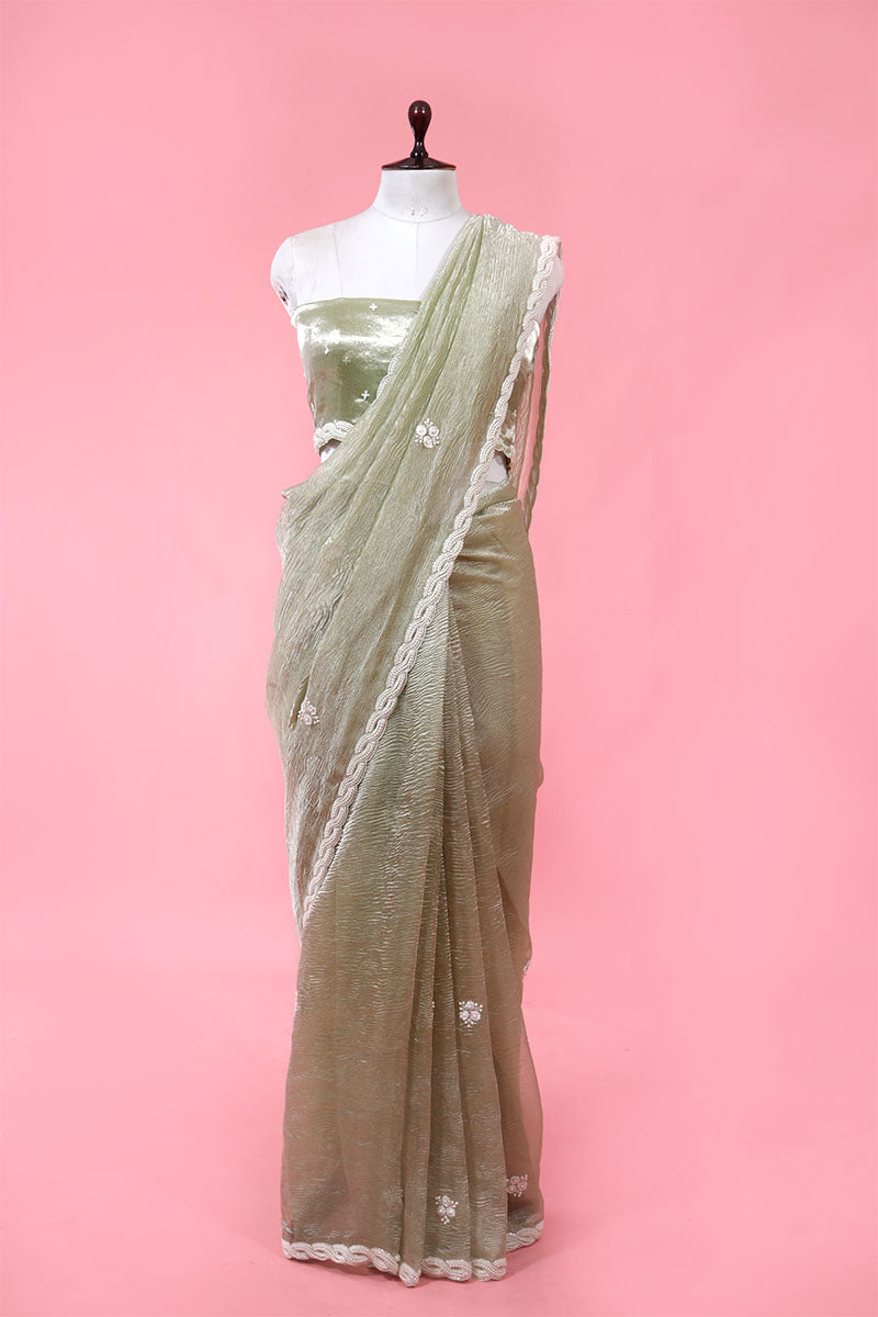 Buy Green Crushed Tissue Silk Saree Online